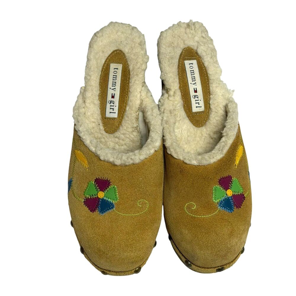 Tommy Girl Y2K Suede Clog Shoe Embellished Stud Fleece Lined Tan Women 6